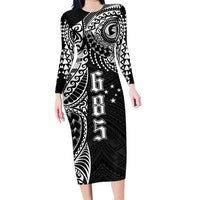 Samoa 685 Art Traditional Tattoo Pattern Family Matching Long Sleeve Bodycon Dress and Hawaiian Shirt Black Color LT03 Mom's Dress Black - Polynesian Pride