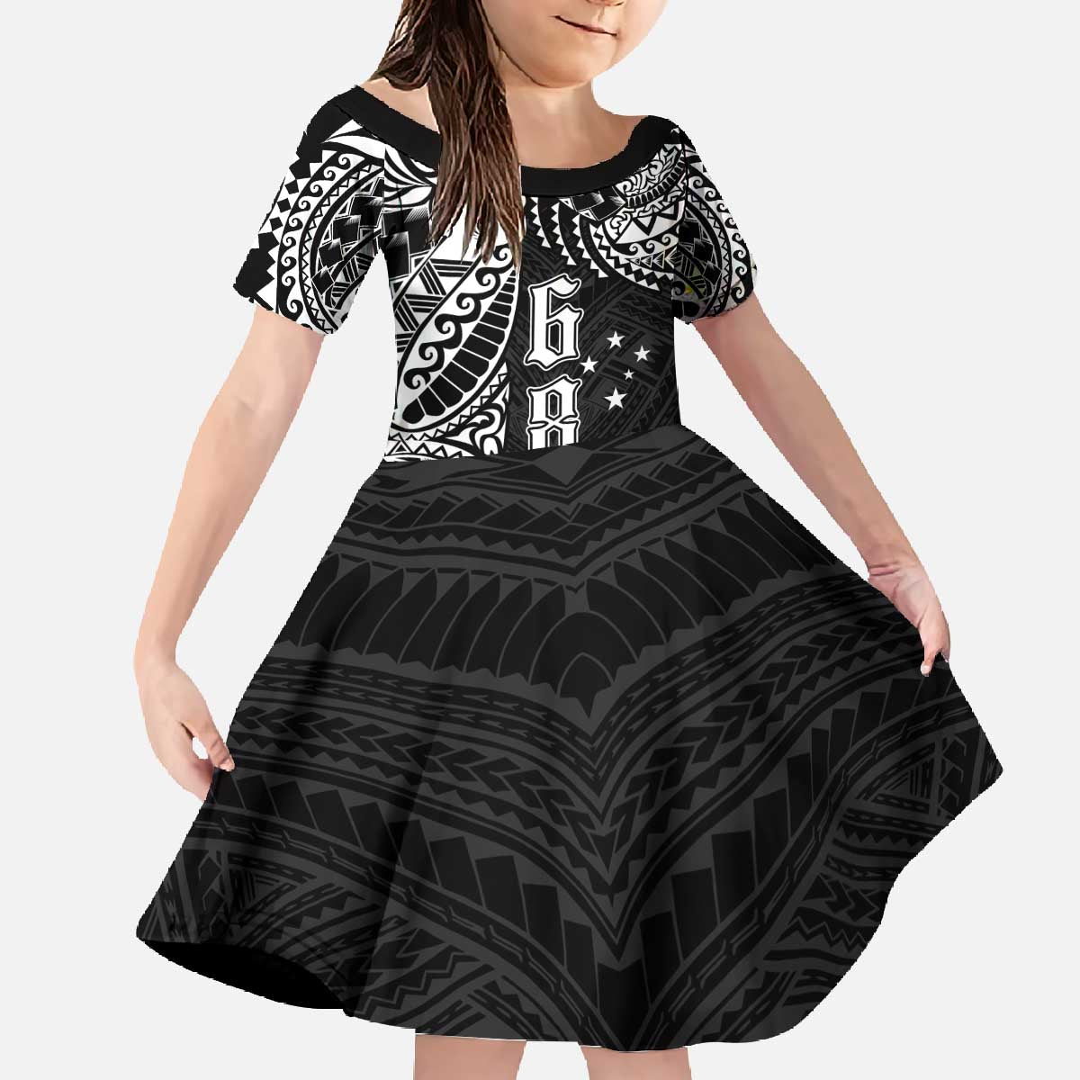 Samoa 685 Art Traditional Tattoo Pattern Family Matching Off The Shoulder Long Sleeve Dress and Hawaiian Shirt Black Color LT03 Daughter's Dress Black - Polynesian Pride