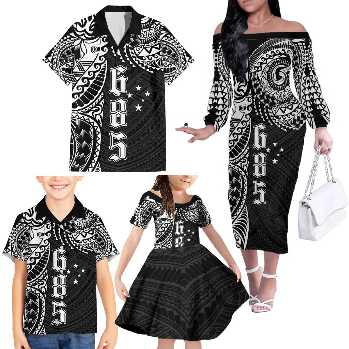 Samoa 685 Art Traditional Tattoo Pattern Family Matching Off The Shoulder Long Sleeve Dress and Hawaiian Shirt Black Color LT03 - Polynesian Pride