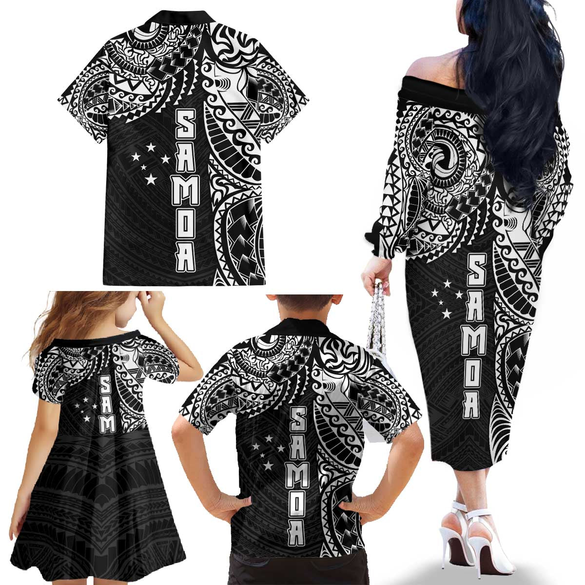 Samoa 685 Art Traditional Tattoo Pattern Family Matching Off The Shoulder Long Sleeve Dress and Hawaiian Shirt Black Color LT03 - Polynesian Pride