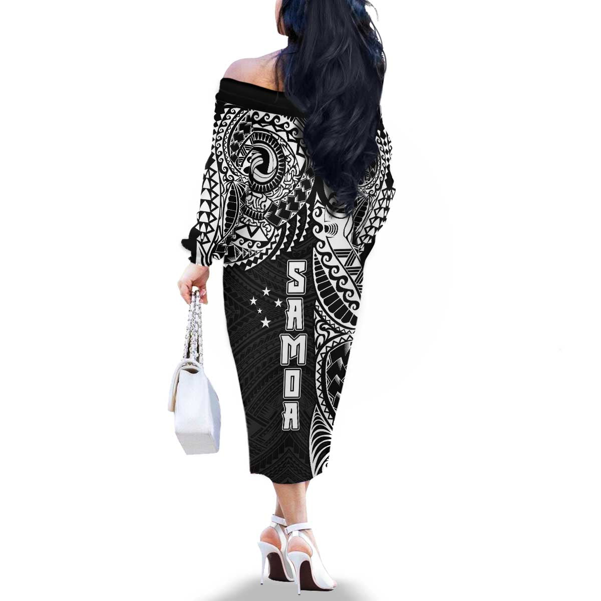 Samoa 685 Art Traditional Tattoo Pattern Family Matching Off The Shoulder Long Sleeve Dress and Hawaiian Shirt Black Color LT03 - Polynesian Pride