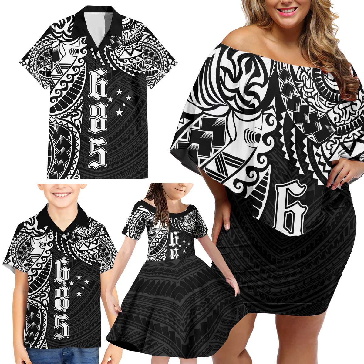 Samoa 685 Art Traditional Tattoo Pattern Family Matching Off Shoulder Short Dress and Hawaiian Shirt Black Color LT03 - Polynesian Pride