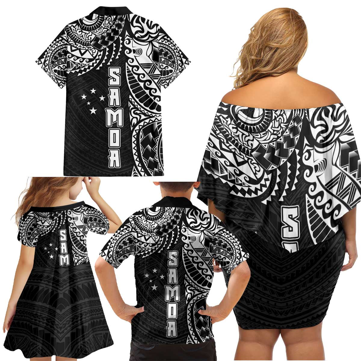 Samoa 685 Art Traditional Tattoo Pattern Family Matching Off Shoulder Short Dress and Hawaiian Shirt Black Color LT03 - Polynesian Pride