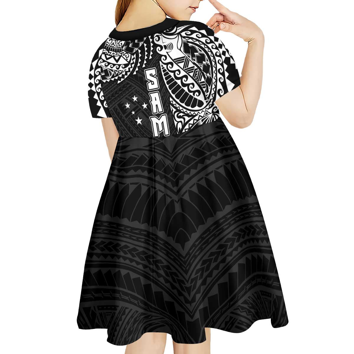 Samoa 685 Art Traditional Tattoo Pattern Kid Short Sleeve Dress Black Color