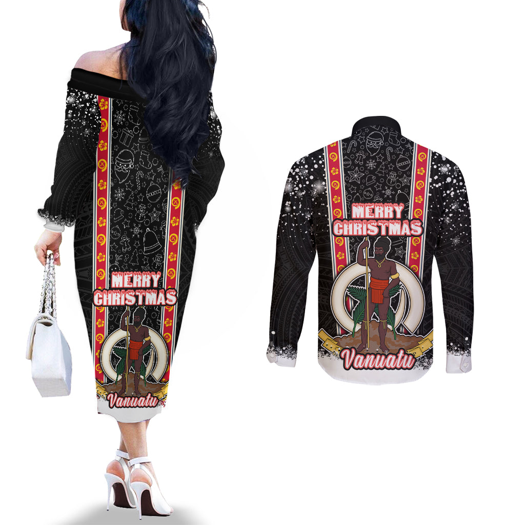 Vanuatu Christmas Couples Matching Off The Shoulder Long Sleeve Dress and Long Sleeve Button Shirts Polynesian Tribal Snow Style LT03 - Polynesian Pride