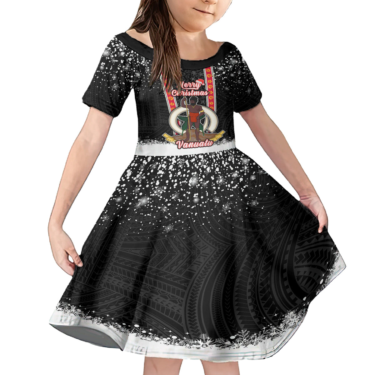 Vanuatu Christmas Family Matching Off Shoulder Maxi Dress and Hawaiian Shirt Polynesian Tribal Snow Style LT03 Daughter's Dress Black - Polynesian Pride