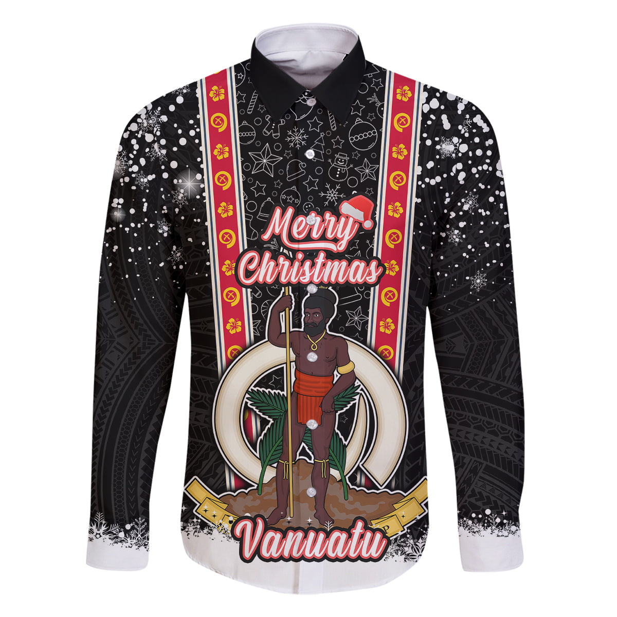 Vanuatu Christmas Family Matching Off Shoulder Maxi Dress and Hawaiian Shirt Polynesian Tribal Snow Style LT03 Dad's Shirt - Long Sleeve Black - Polynesian Pride