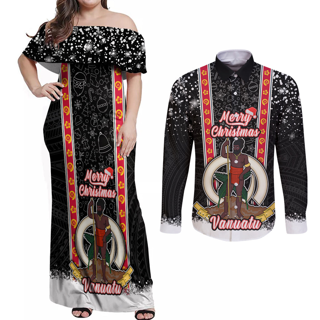 Personalised Vanuatu Christmas Couples Matching Off Shoulder Maxi Dress and Long Sleeve Button Shirts Polynesian Tribal Snow Style LT03 Black - Polynesian Pride