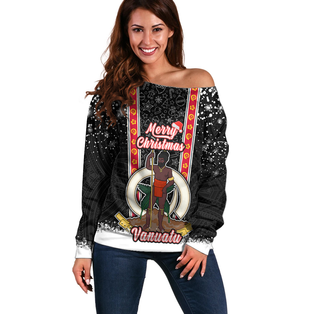 Personalised Vanuatu Christmas Off Shoulder Sweater Polynesian Tribal Snow Style LT03 Women Black - Polynesian Pride