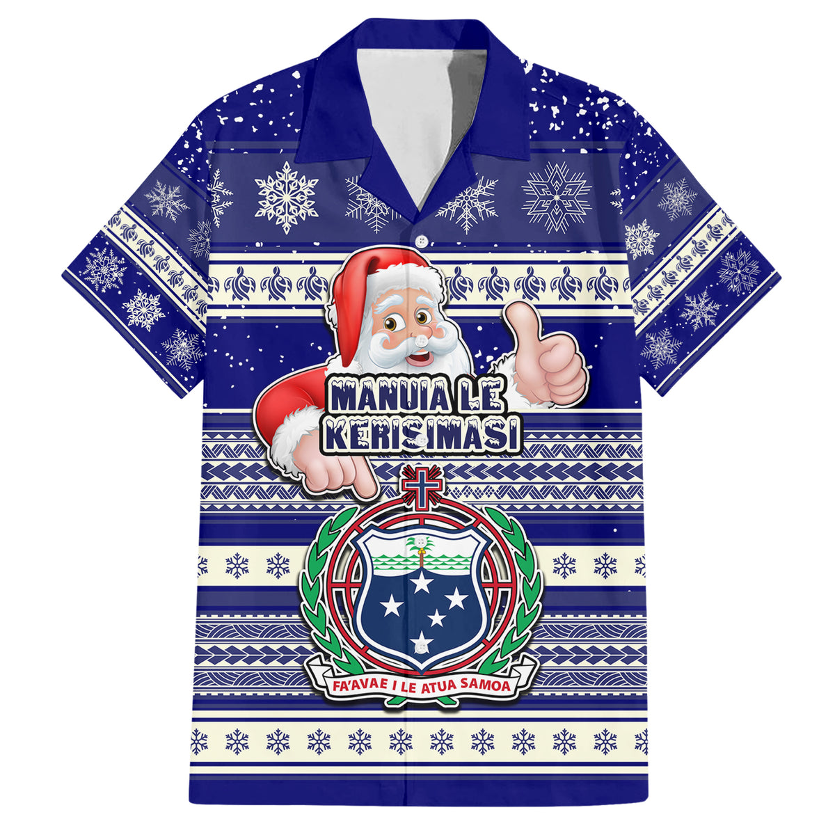 Custom Samoa Christmas Family Matching Short Sleeve Bodycon Dress and Hawaiian Shirt The Santa Coat of Arms with Samoa Bracelet Pattern LT03 Dad's Shirt - Short Sleeve Blue - Polynesian Pride