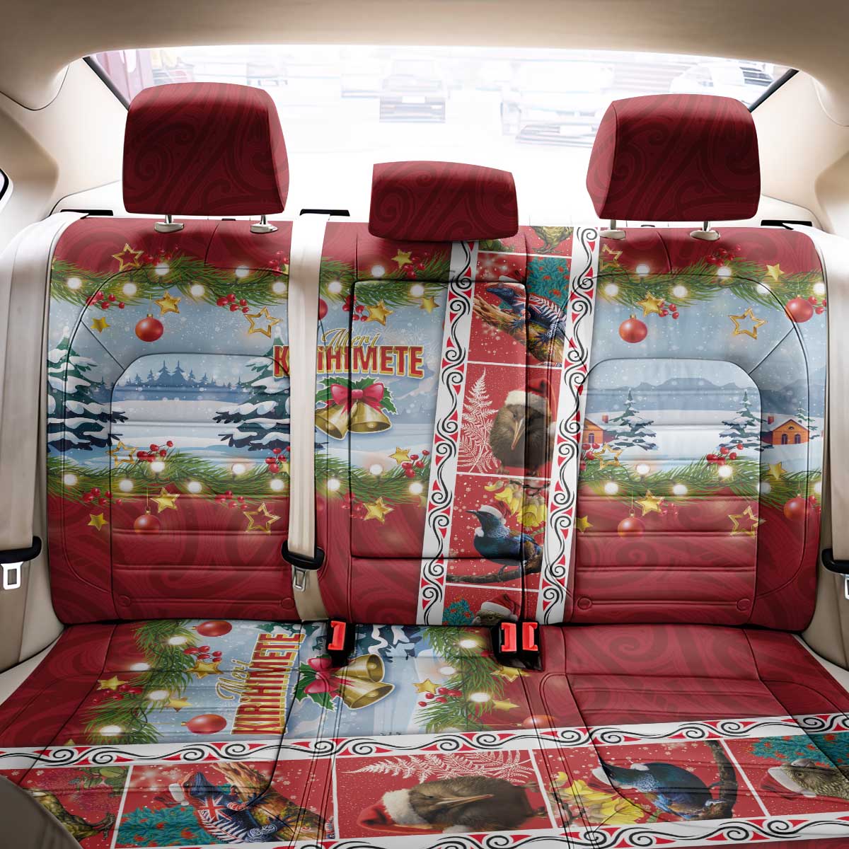 New Zealand Merry Christmas Back Car Seat Cover Maori Animals, Koru Tattoo - Red Xmas Style LT03 - Polynesian Pride