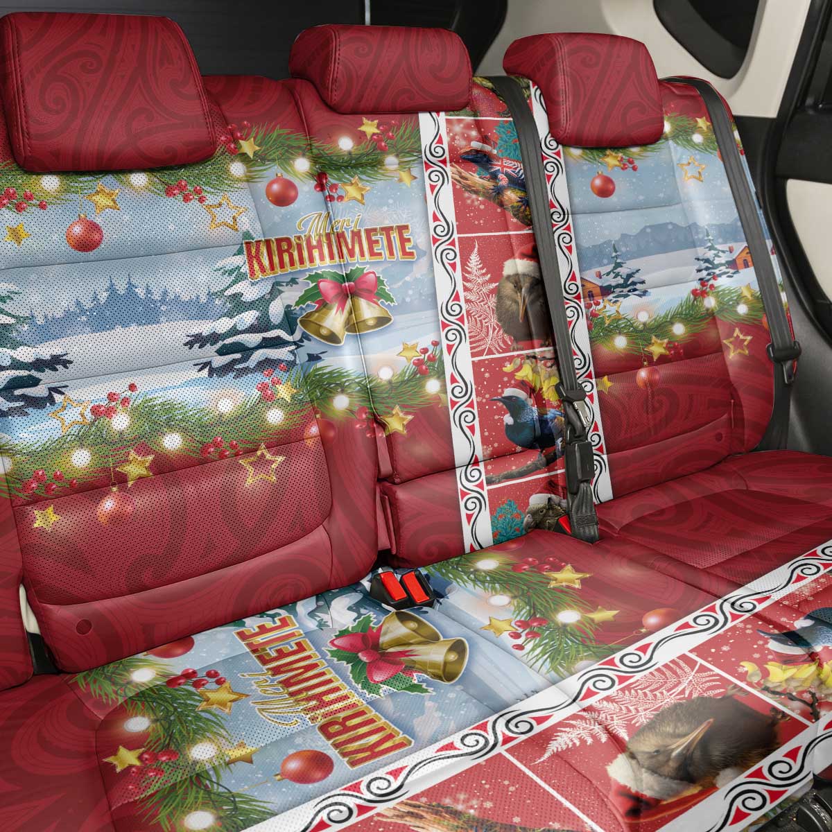 New Zealand Merry Christmas Back Car Seat Cover Maori Animals, Koru Tattoo - Red Xmas Style LT03 - Polynesian Pride