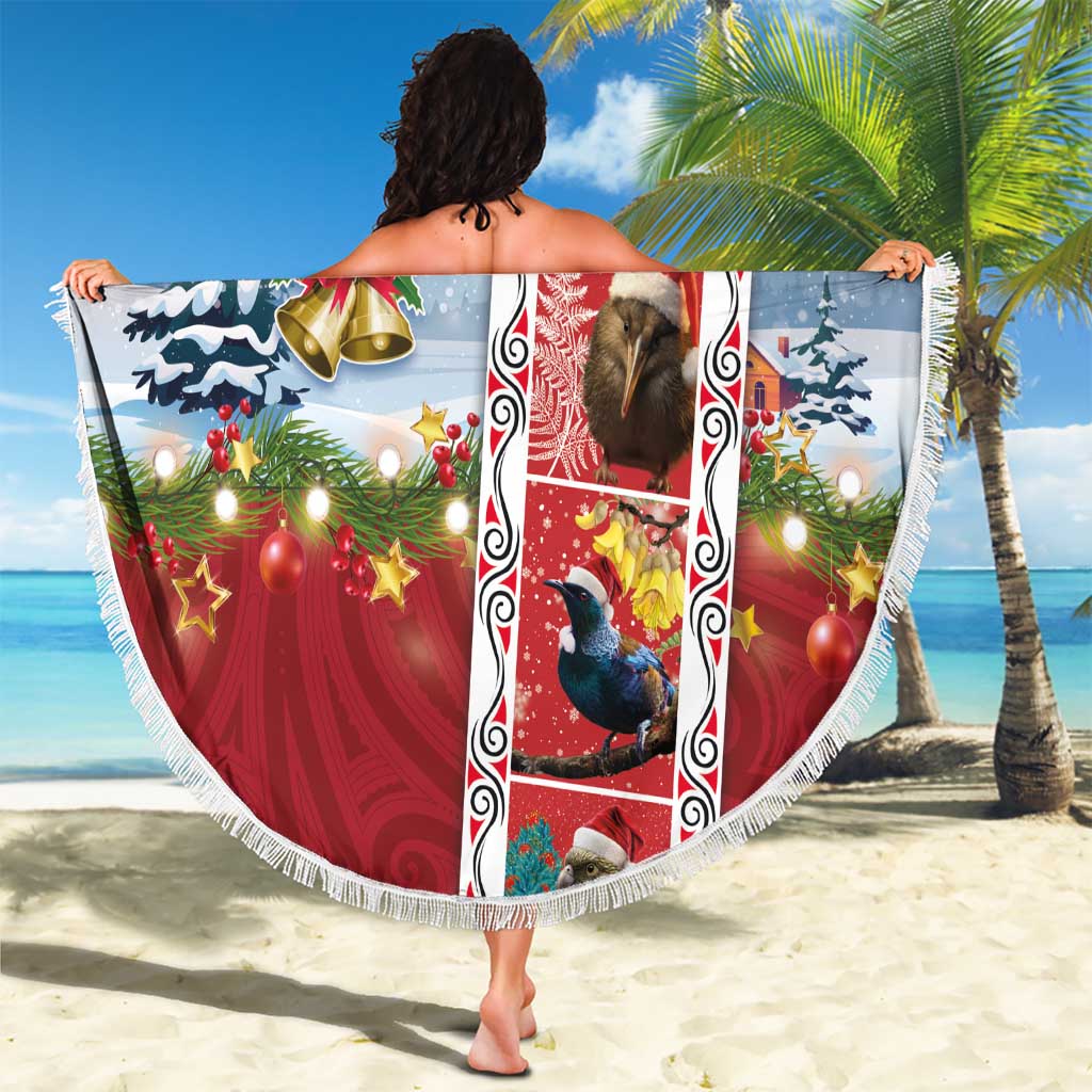 New Zealand Merry Christmas Beach Blanket Maori Animals, Koru Tattoo - Red Xmas Style LT03 - Polynesian Pride