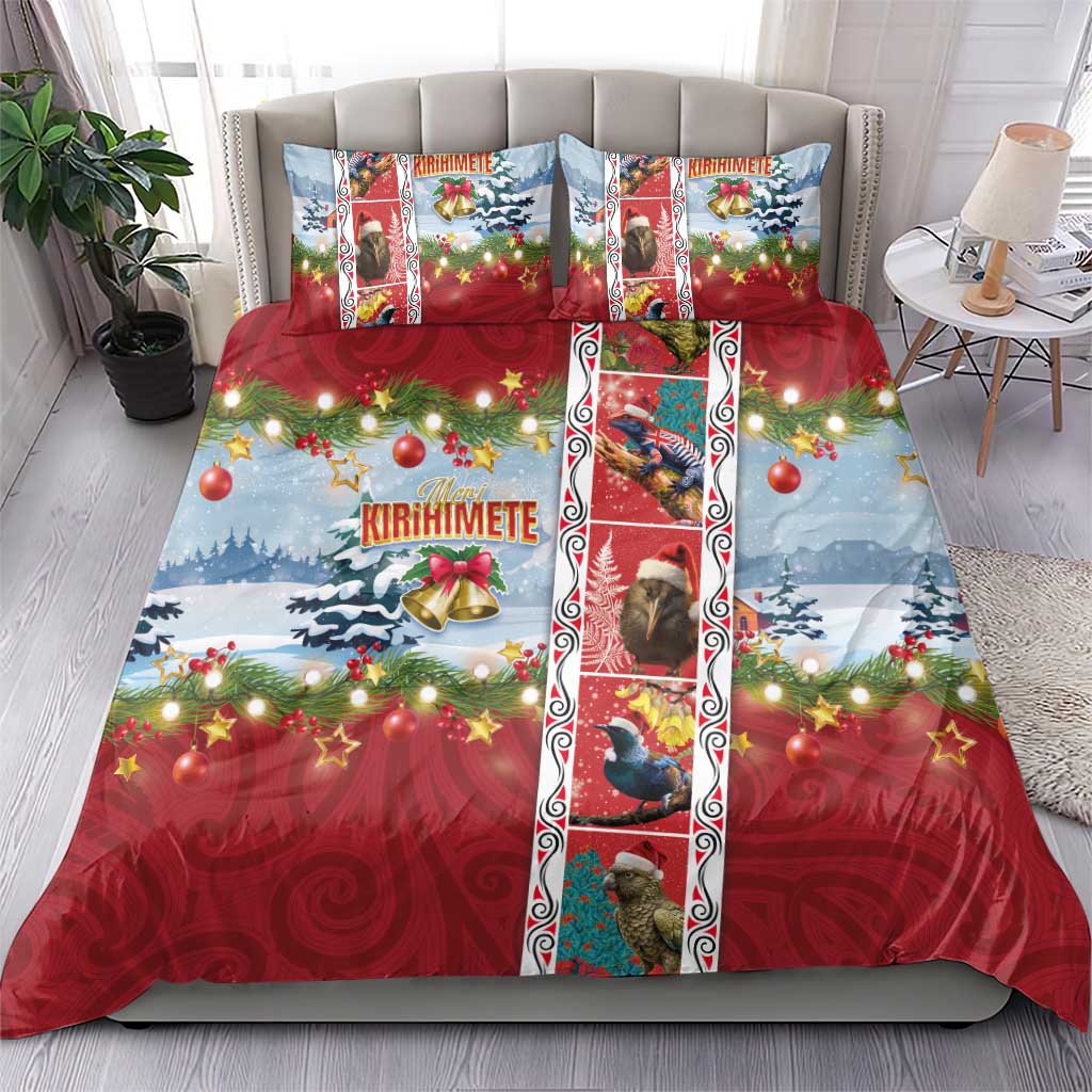 New Zealand Merry Christmas Bedding Set Maori Animals, Koru Tattoo - Red Xmas Style