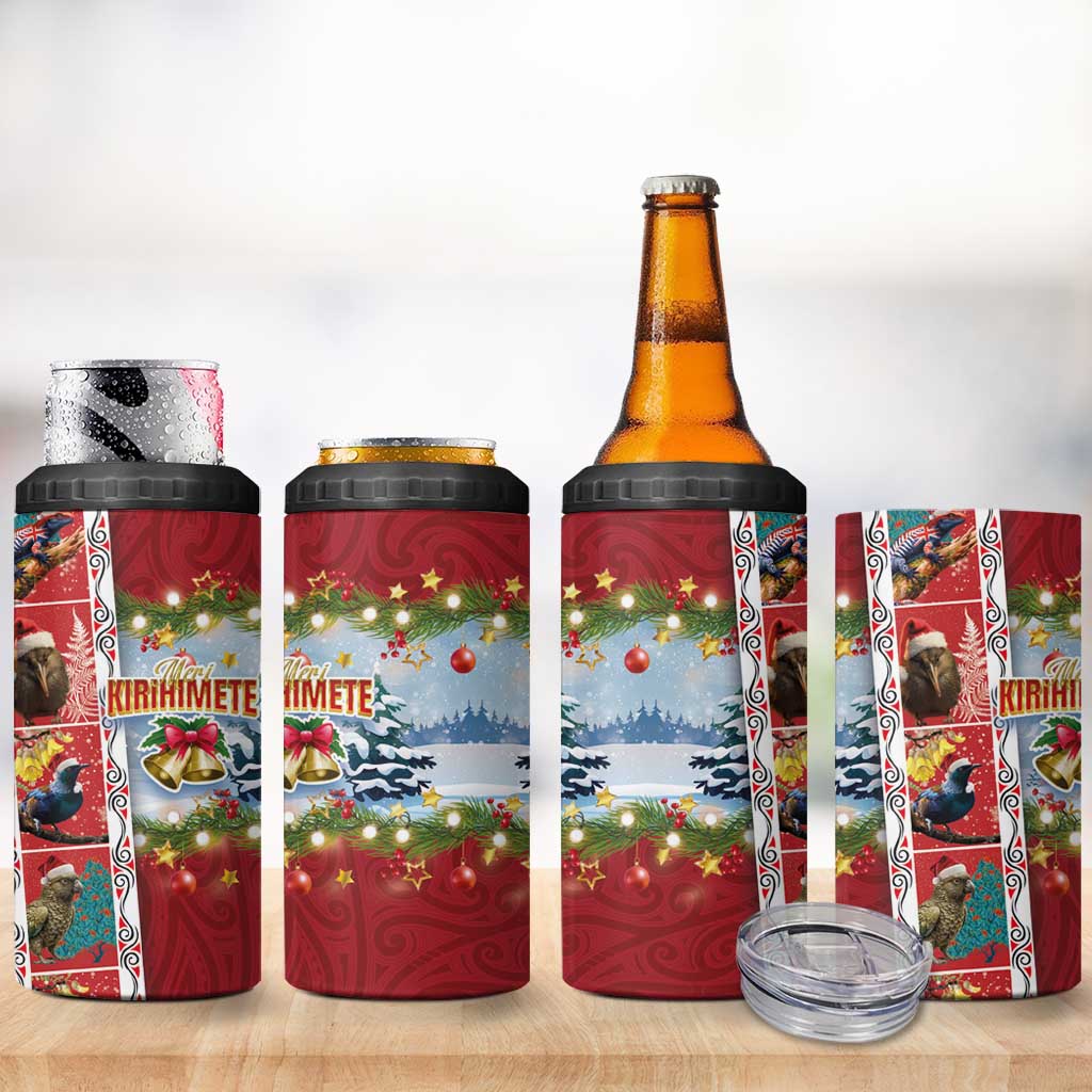 New Zealand Merry Christmas 4 in 1 Can Cooler Tumbler Maori Animals Xmas Style and Koru Tattoo Red Color LT03 - Polynesian Pride