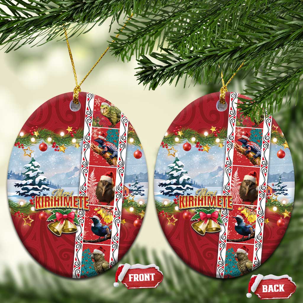 New Zealand Merry Christmas Ceramic Ornament Maori Animals, Koru Tattoo - Red Xmas Style LT03 Oval Red - Polynesian Pride