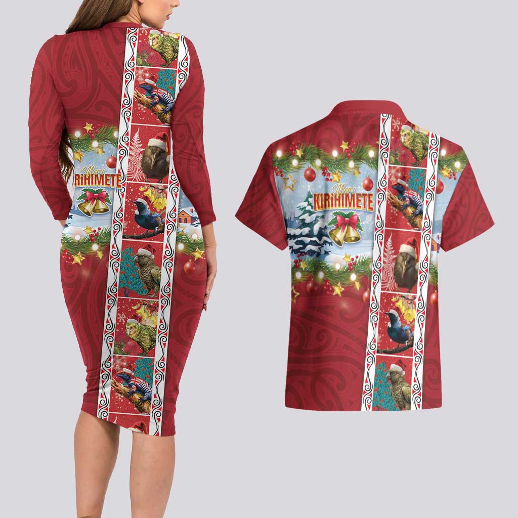 New Zealand Merry Christmas Couples Matching Long Sleeve Bodycon Dress and Hawaiian Shirt Maori Animals, Koru Tattoo - Red Xmas Style LT03 - Polynesian Pride