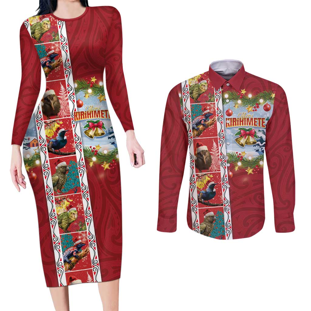 New Zealand Merry Christmas Couples Matching Long Sleeve Bodycon Dress and Long Sleeve Button Shirt Maori Animals, Koru Tattoo - Red Xmas Style LT03 Red - Polynesian Pride