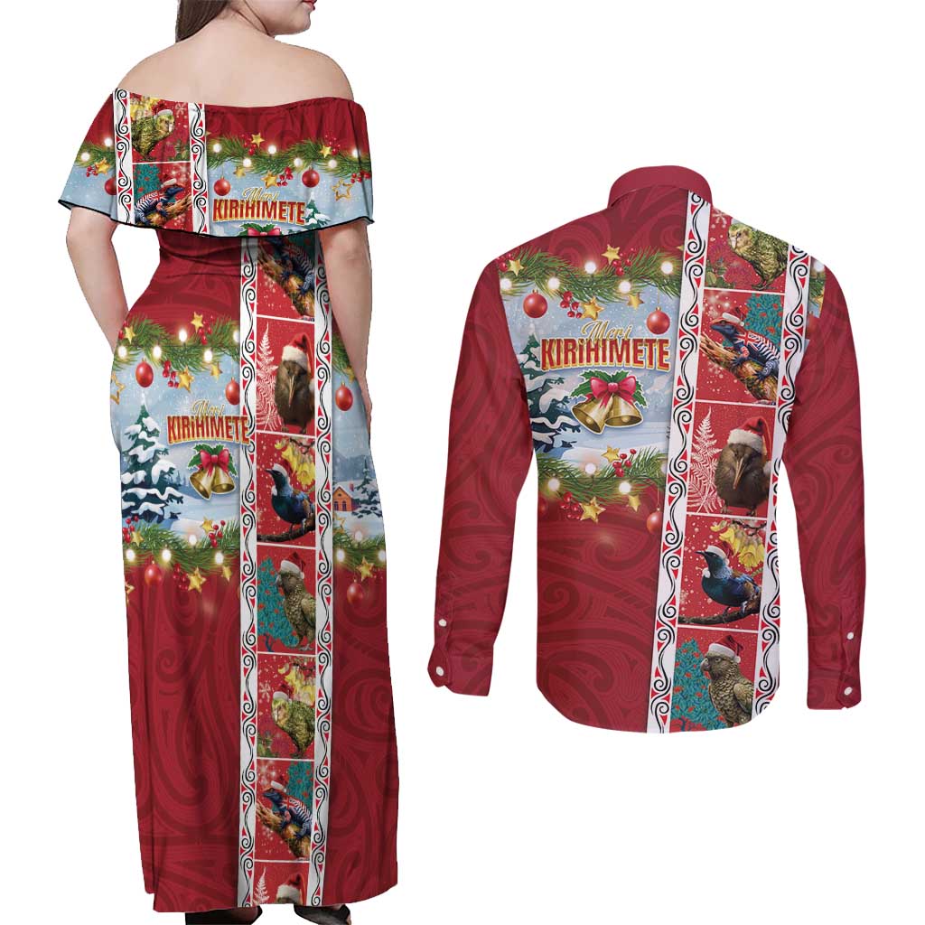 New Zealand Merry Christmas Couples Matching Off Shoulder Maxi Dress and Long Sleeve Button Shirt Maori Animals, Koru Tattoo - Red Xmas Style LT03 - Polynesian Pride