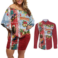 New Zealand Merry Christmas Couples Matching Off Shoulder Short Dress and Long Sleeve Button Shirt Maori Animals, Koru Tattoo - Red Xmas Style LT03 Red - Polynesian Pride