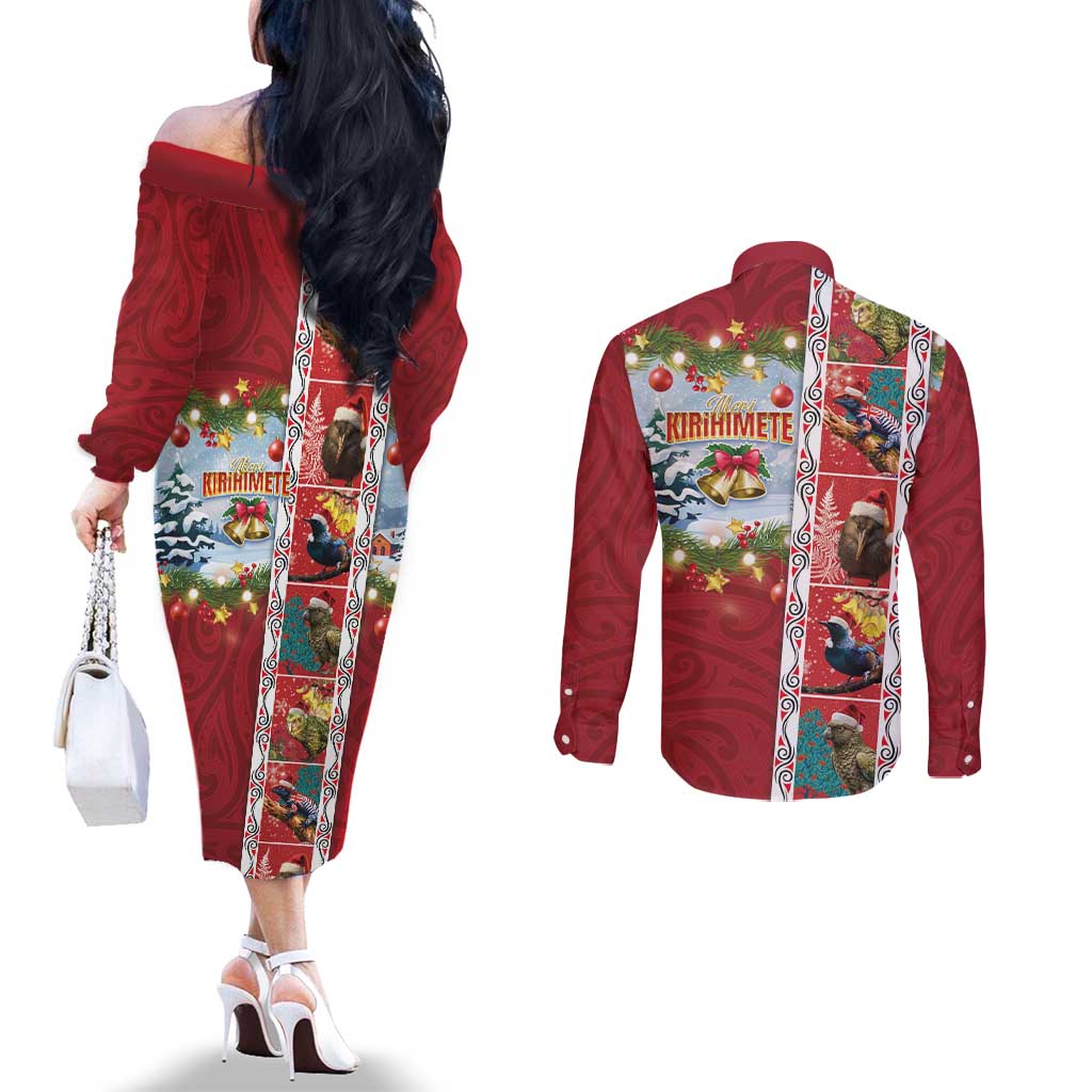 New Zealand Merry Christmas Couples Matching Off The Shoulder Long Sleeve Dress and Long Sleeve Button Shirt Maori Animals, Koru Tattoo - Red Xmas Style LT03 - Polynesian Pride