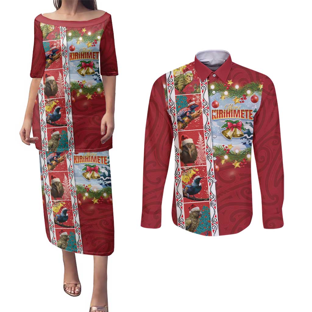 New Zealand Merry Christmas Couples Matching Puletasi and Long Sleeve Button Shirt Maori Animals, Koru Tattoo - Red Xmas Style LT03 Red - Polynesian Pride