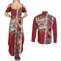 New Zealand Merry Christmas Couples Matching Summer Maxi Dress and Long Sleeve Button Shirt Maori Animals, Koru Tattoo - Red Xmas Style LT03 - Polynesian Pride