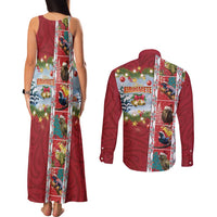 New Zealand Merry Christmas Couples Matching Tank Maxi Dress and Long Sleeve Button Shirt Maori Animals, Koru Tattoo - Red Xmas Style LT03 - Polynesian Pride