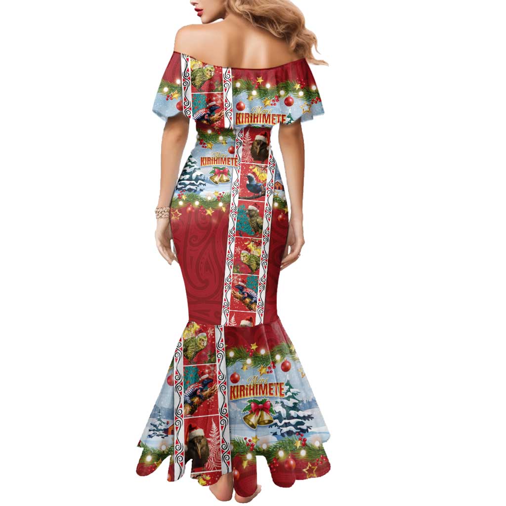 New Zealand Merry Christmas Family Matching Mermaid Dress and Hawaiian Shirt Maori Animals, Koru Tattoo - Red Xmas Style LT03 - Polynesian Pride