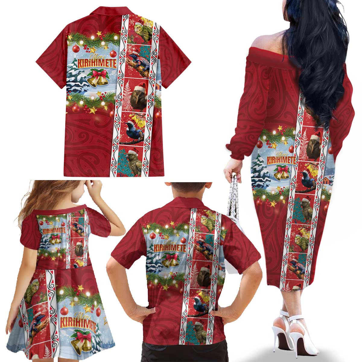 New Zealand Merry Christmas Family Matching Off The Shoulder Long Sleeve Dress and Hawaiian Shirt Maori Animals, Koru Tattoo - Red Xmas Style LT03 - Polynesian Pride