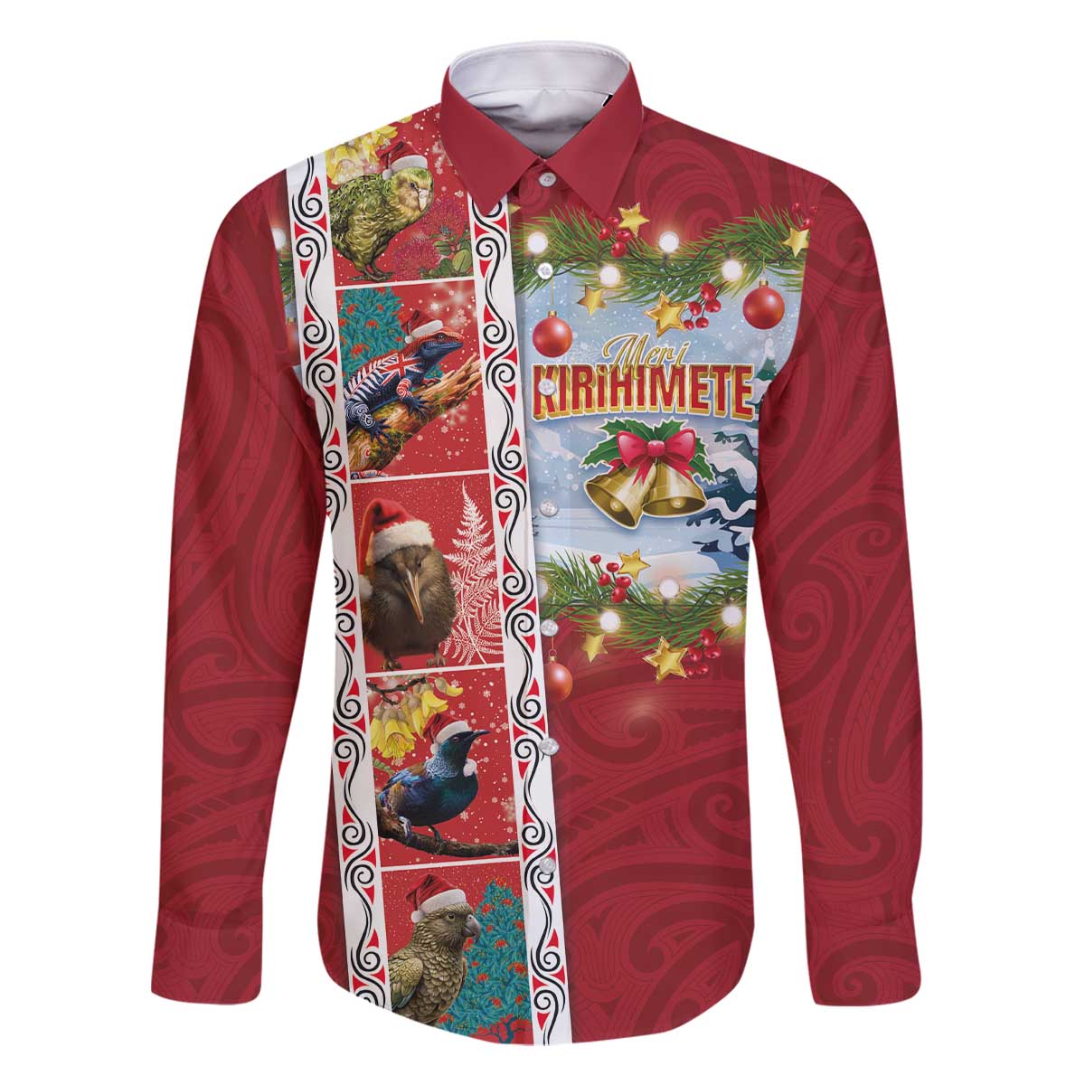 New Zealand Merry Christmas Family Matching Off The Shoulder Long Sleeve Dress and Hawaiian Shirt Maori Animals, Koru Tattoo - Red Xmas Style LT03 Dad's Shirt - Long Sleeve Red - Polynesian Pride