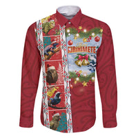 New Zealand Merry Christmas Family Matching Off Shoulder Maxi Dress and Hawaiian Shirt Maori Animals, Koru Tattoo - Red Xmas Style LT03 Dad's Shirt - Long Sleeve Red - Polynesian Pride