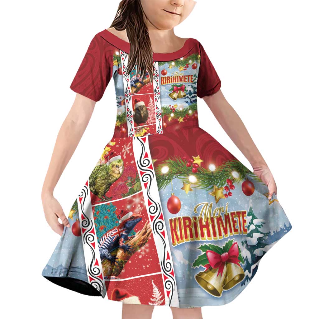 New Zealand Merry Christmas Family Matching Off Shoulder Short Dress and Hawaiian Shirt Maori Animals, Koru Tattoo - Red Xmas Style LT03 Daughter's Dress Red - Polynesian Pride