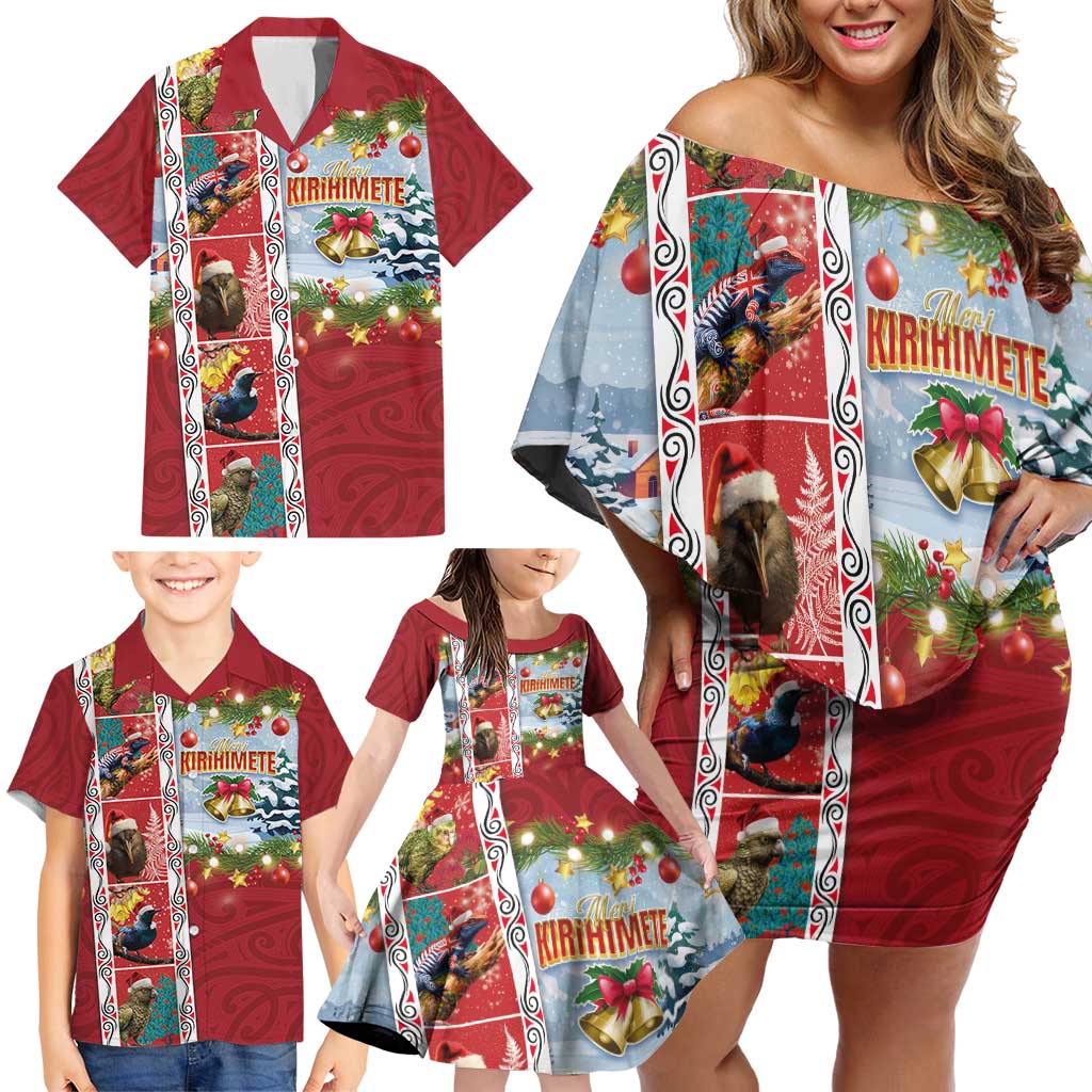 New Zealand Merry Christmas Family Matching Off Shoulder Short Dress and Hawaiian Shirt Maori Animals, Koru Tattoo - Red Xmas Style LT03 - Polynesian Pride