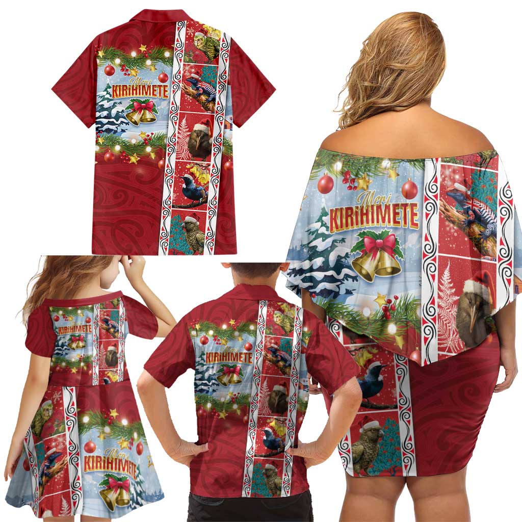New Zealand Merry Christmas Family Matching Off Shoulder Short Dress and Hawaiian Shirt Maori Animals, Koru Tattoo - Red Xmas Style LT03 - Polynesian Pride
