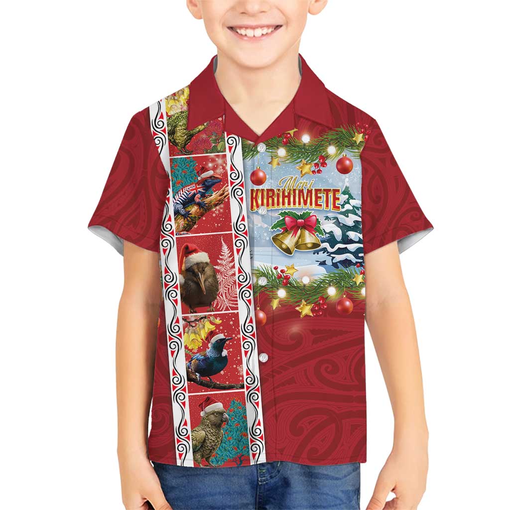 New Zealand Merry Christmas Family Matching Off Shoulder Short Dress and Hawaiian Shirt Maori Animals, Koru Tattoo - Red Xmas Style LT03 Son's Shirt Red - Polynesian Pride