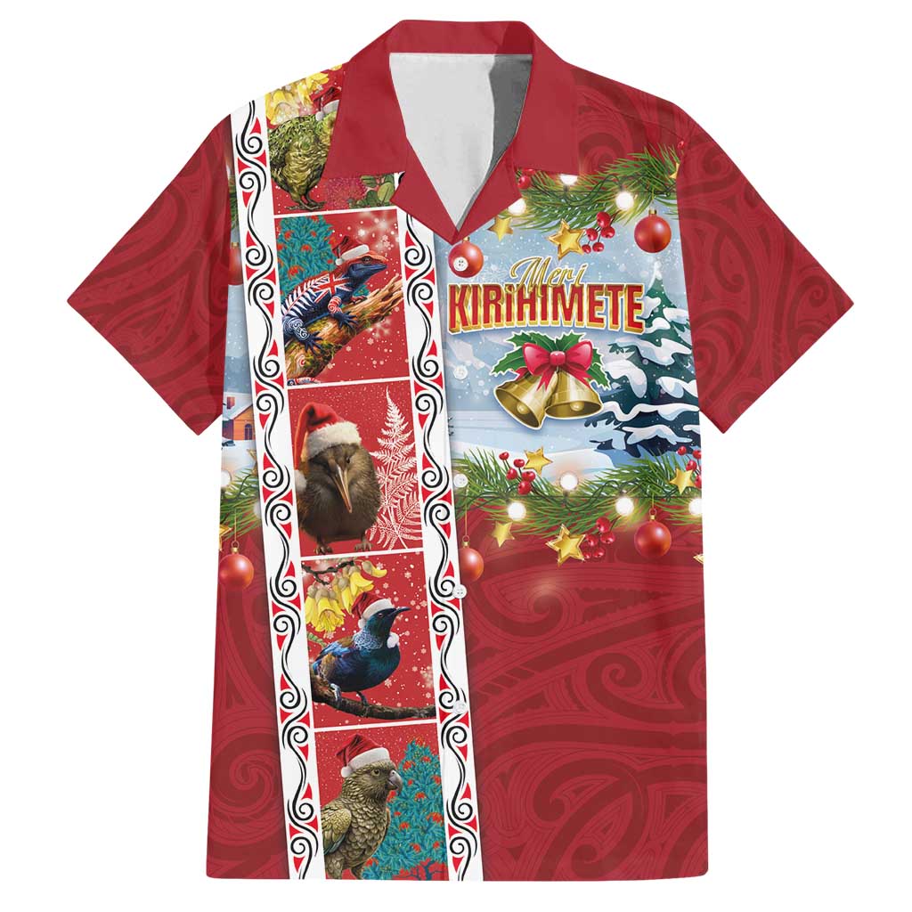 New Zealand Merry Christmas Family Matching Summer Maxi Dress and Hawaiian Shirt Maori Animals, Koru Tattoo - Red Xmas Style LT03 Dad's Shirt - Short Sleeve Red - Polynesian Pride