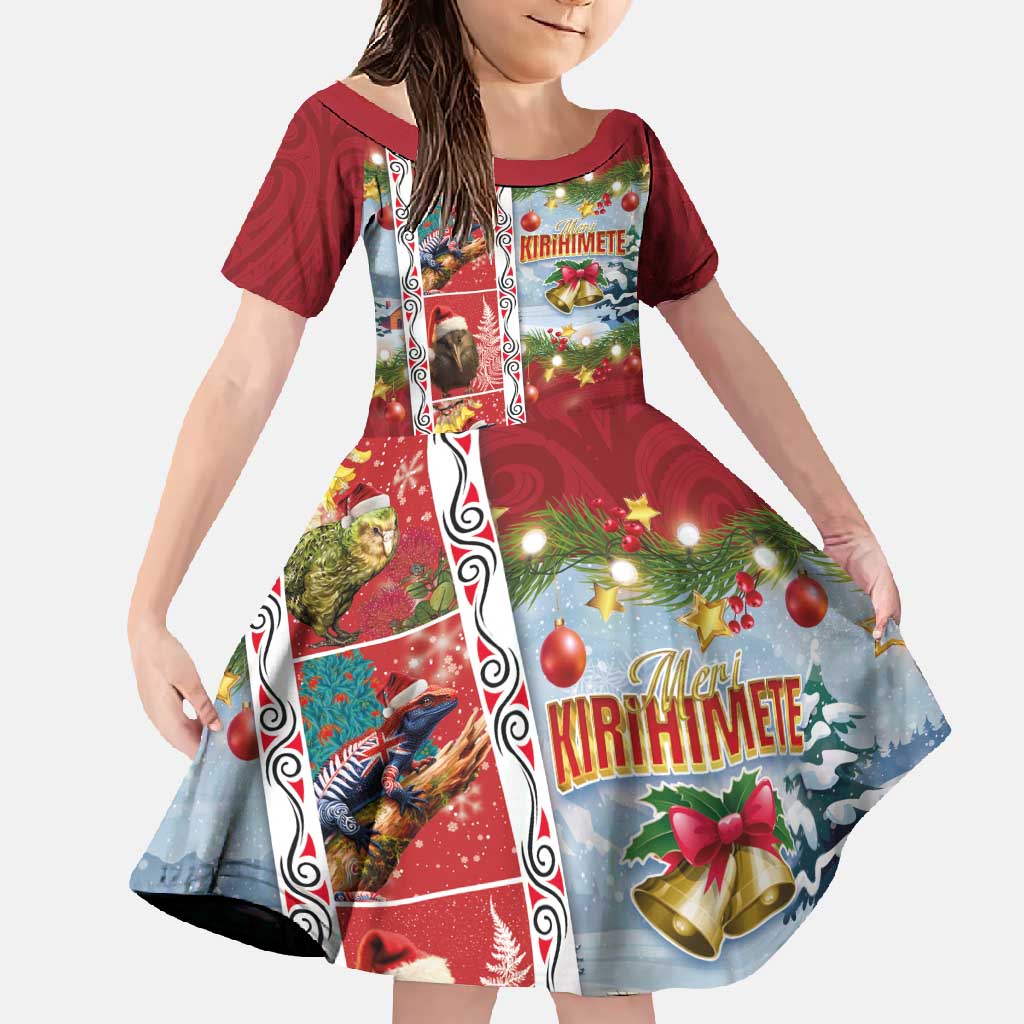 New Zealand Merry Christmas Family Matching Tank Maxi Dress and Hawaiian Shirt Maori Animals, Koru Tattoo - Red Xmas Style LT03 Daughter's Dress Red - Polynesian Pride