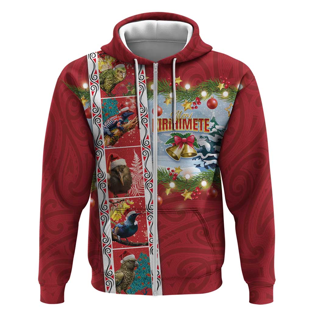 New Zealand Merry Christmas Hoodie Maori Animals, Koru Tattoo - Red Xmas Style LT03 Zip Hoodie Red - Polynesian Pride
