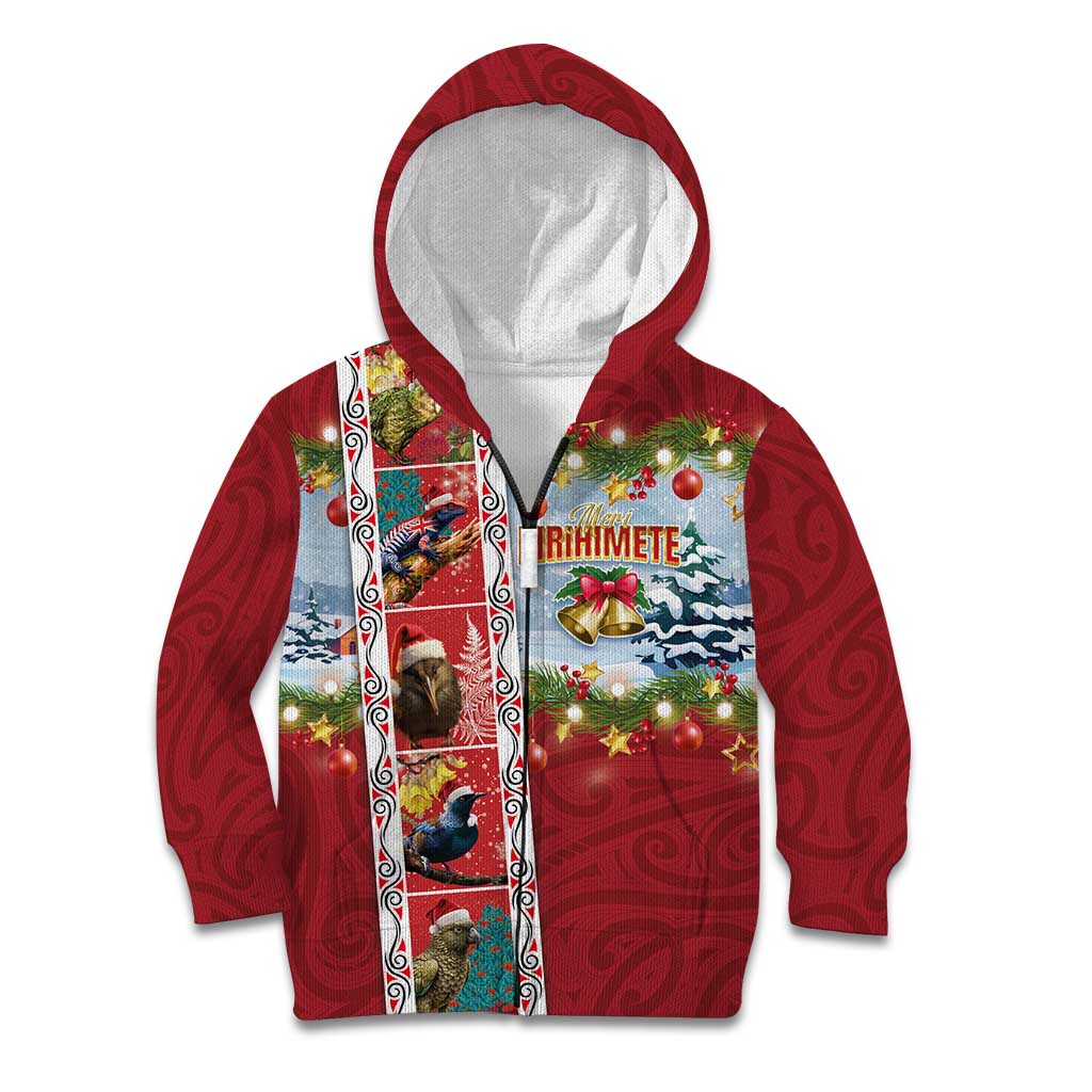 New Zealand Merry Christmas Kid Hoodie Maori Animals, Koru Tattoo - Red Xmas Style LT03 Zip Hoodie Red - Polynesian Pride