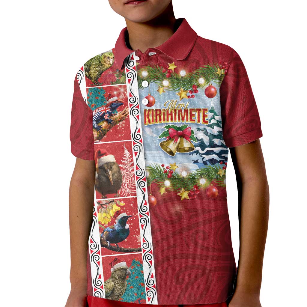 New Zealand Merry Christmas Kid Polo Shirt Maori Animals, Koru Tattoo - Red Xmas Style LT03 Kid Red - Polynesian Pride