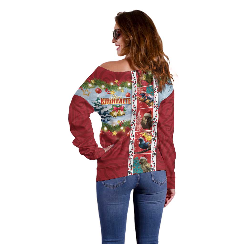 New Zealand Merry Christmas Off Shoulder Sweater Maori Animals, Koru Tattoo - Red Xmas Style LT03 - Polynesian Pride