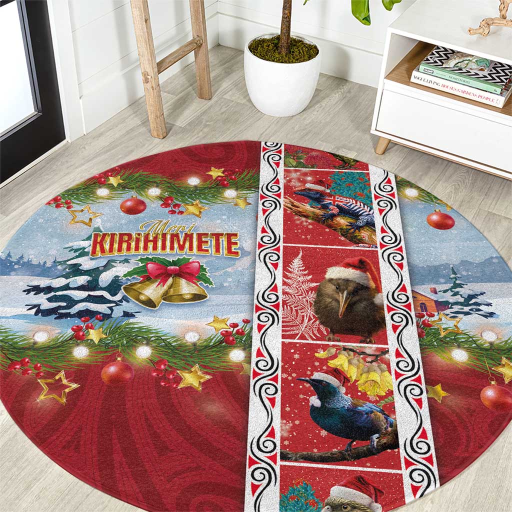 New Zealand Merry Christmas Round Carpet Maori Animals, Koru Tattoo - Red Xmas Style LT03 Red - Polynesian Pride