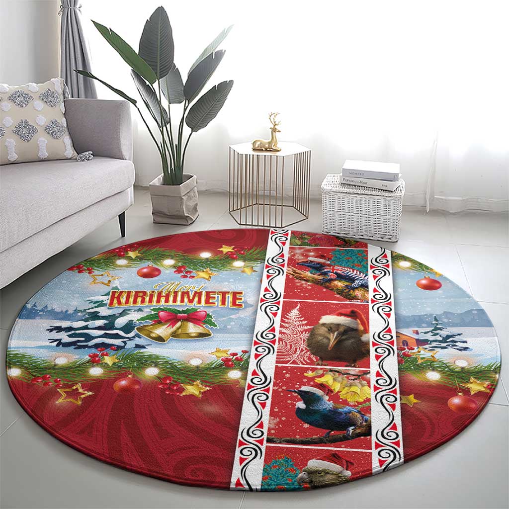 New Zealand Merry Christmas Round Carpet Maori Animals, Koru Tattoo - Red Xmas Style LT03 - Polynesian Pride