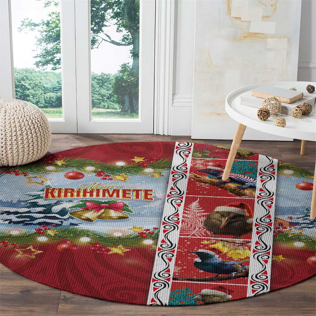 New Zealand Merry Christmas Round Carpet Maori Animals, Koru Tattoo - Red Xmas Style LT03 - Polynesian Pride