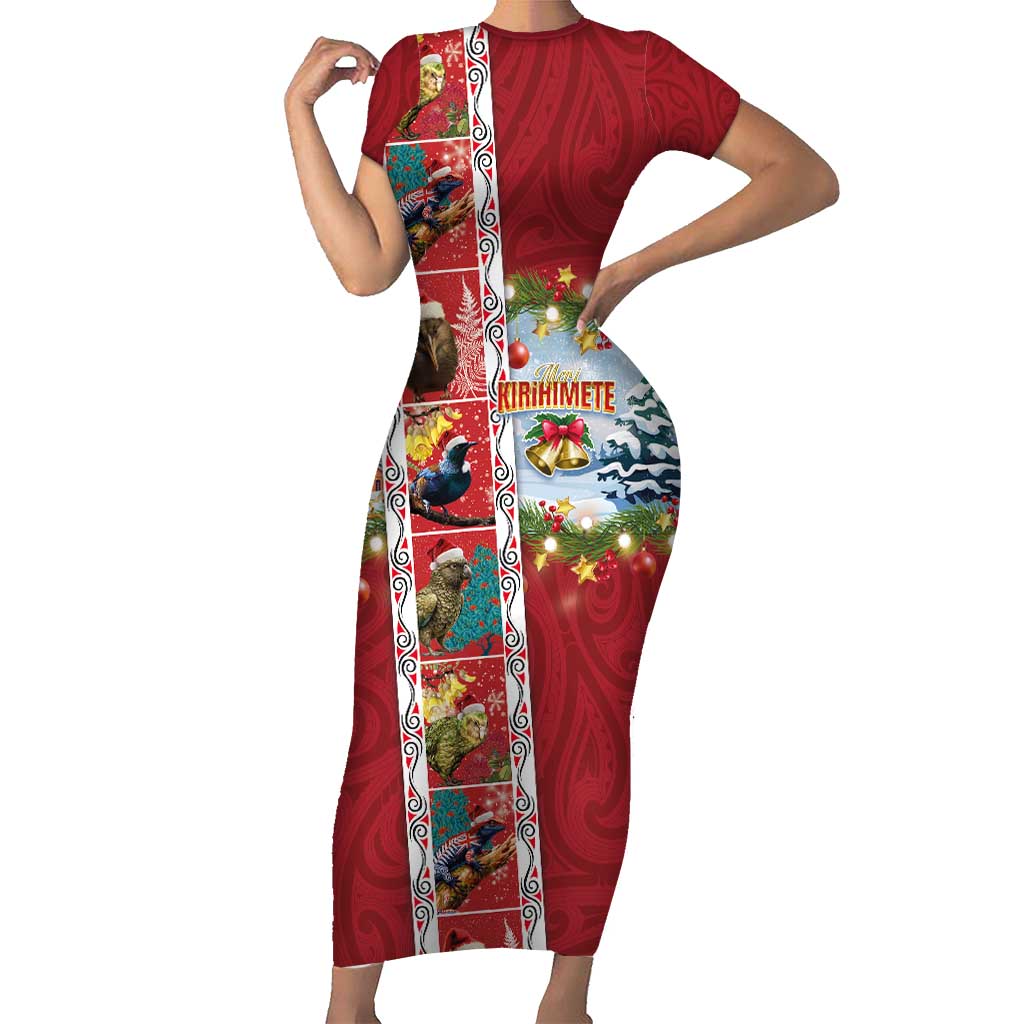 New Zealand Merry Christmas Short Sleeve Bodycon Dress Maori Animals, Koru Tattoo - Red Xmas Style LT03 Long Dress Red - Polynesian Pride