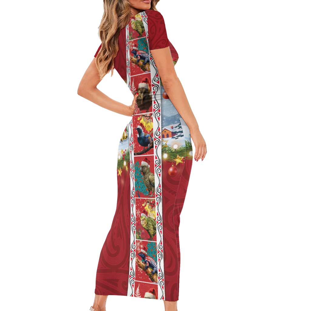 New Zealand Merry Christmas Short Sleeve Bodycon Dress Maori Animals, Koru Tattoo - Red Xmas Style LT03 - Polynesian Pride