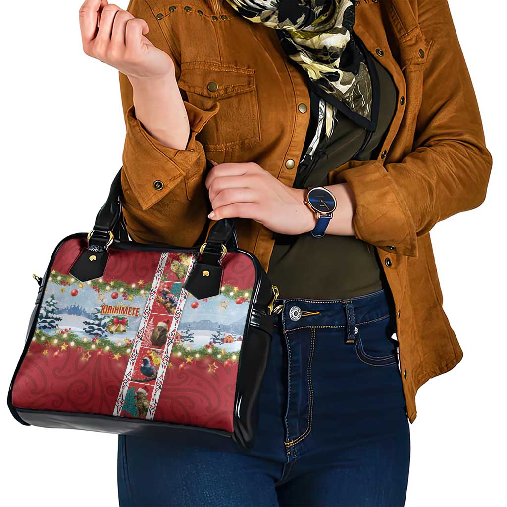New Zealand Merry Christmas Shoulder Handbag Maori Animals, Koru Tattoo - Red Xmas Style LT03 - Polynesian Pride