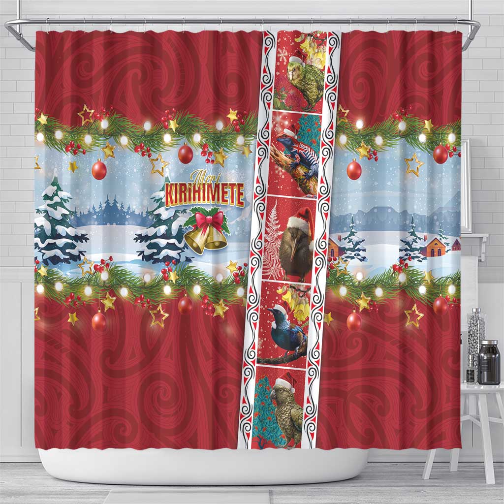 New Zealand Merry Christmas Shower Curtain Maori Animals, Koru Tattoo - Red Xmas Style LT03 - Polynesian Pride