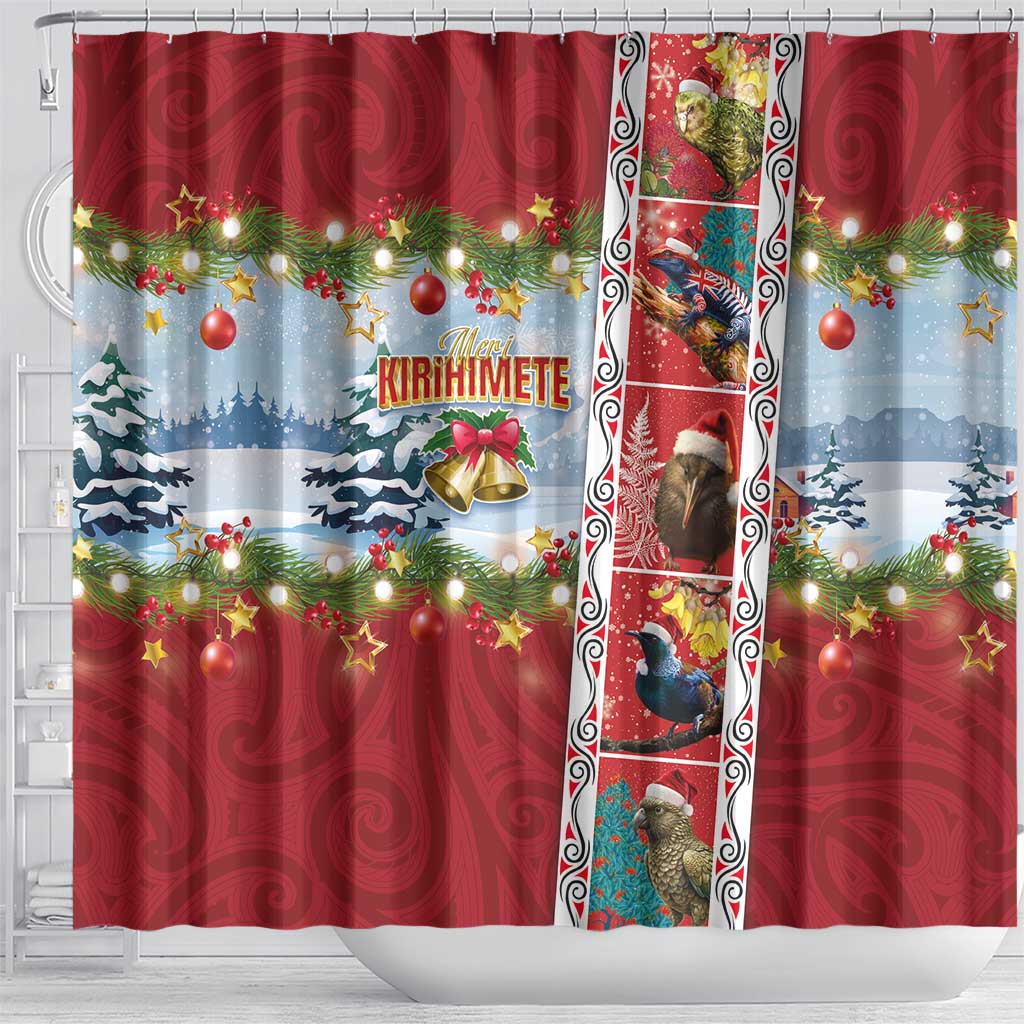 New Zealand Merry Christmas Shower Curtain Maori Animals, Koru Tattoo - Red Xmas Style LT03 - Polynesian Pride